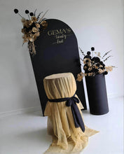 Load image into Gallery viewer, Black arch backdrop, 2 x black &amp; gold flowers &amp; 2 x black plinths - HIRE ONLY
