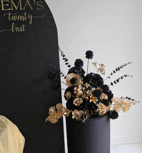 Load image into Gallery viewer, Black arch backdrop, 2 x black &amp; gold flowers &amp; 2 x black plinths - HIRE ONLY
