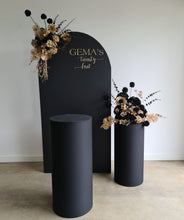 Load image into Gallery viewer, Black arch backdrop, 2 x black &amp; gold flowers &amp; 2 x black plinths - HIRE ONLY
