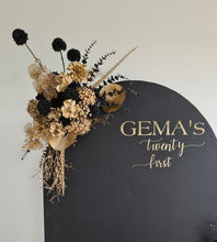 Load image into Gallery viewer, Black arch backdrop, 2 x black &amp; gold flowers &amp; 2 x black plinths - HIRE ONLY
