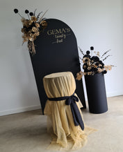 Load image into Gallery viewer, Black arch backdrop, 2 x black &amp; gold flowers &amp; 2 x black plinths - HIRE ONLY
