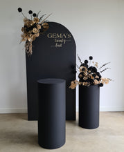 Load image into Gallery viewer, Black arch backdrop, 2 x black &amp; gold flowers &amp; 2 x black plinths - HIRE ONLY
