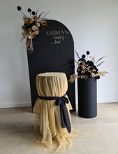 Load image into Gallery viewer, Black arch backdrop, 2 x black &amp; gold flowers &amp; 2 x black plinths - HIRE ONLY
