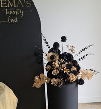 Load image into Gallery viewer, Black arch backdrop, 2 x black &amp; gold flowers &amp; 2 x black plinths - HIRE ONLY

