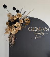 Load image into Gallery viewer, Black arch backdrop, 2 x black &amp; gold flowers &amp; 2 x black plinths - HIRE ONLY
