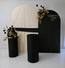 Load image into Gallery viewer, 2 x arch backdrop, 2 x black &amp; gold flowers, 2 x black plinths - HIRE ONLY
