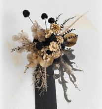 Load image into Gallery viewer, 2 x arch backdrop, 2 x black &amp; gold flowers, 2 x black plinths - HIRE ONLY
