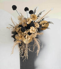 Load image into Gallery viewer, 2 x arch backdrop, 2 x black &amp; gold flowers, 2 x black plinths - HIRE ONLY
