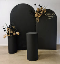 Load image into Gallery viewer, 2 x arch backdrop, 2 x black &amp; gold flowers, 2 x black plinths - HIRE ONLY
