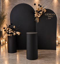 Load image into Gallery viewer, 2 x arch backdrop, 2 x black &amp; gold flowers, 2 x black plinths - HIRE ONLY
