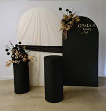 Load image into Gallery viewer, 2 x arch backdrop, 2 x black &amp; gold flowers, 2 x black plinths - HIRE ONLY
