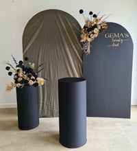 Load image into Gallery viewer, 2 x arch backdrop, 2 x black &amp; gold flowers, 2 x black plinths - HIRE ONLY
