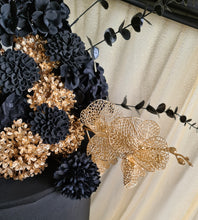 Load image into Gallery viewer, 2 x arch backdrop, 2 x black &amp; gold flowers, 2 x black plinths - HIRE ONLY
