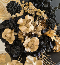 Load image into Gallery viewer, 2 x arch backdrop, 2 x black &amp; gold flowers, 2 x black plinths - HIRE ONLY
