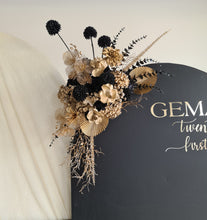 Load image into Gallery viewer, 2 x arch backdrop, 2 x black &amp; gold flowers, 2 x black plinths - HIRE ONLY
