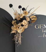 Load image into Gallery viewer, 2 x arch backdrop, 2 x black &amp; gold flowers, 2 x black plinths - HIRE ONLY
