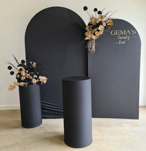 Load image into Gallery viewer, 2 x arch backdrop, 2 x black &amp; gold flowers, 2 x black plinths - HIRE ONLY
