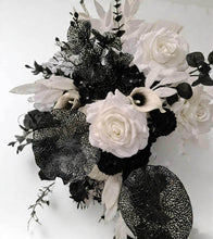 Load image into Gallery viewer, Black arch / backdrop and black &amp; white flowers - HIRE ONLY
