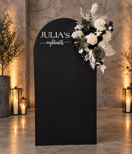 Load image into Gallery viewer, Black arch / backdrop and black &amp; white flowers - HIRE ONLY
