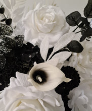 Load image into Gallery viewer, Black arch / backdrop and black &amp; white flowers - HIRE ONLY
