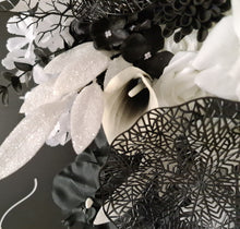 Load image into Gallery viewer, Black arch / backdrop and black &amp; white flowers - HIRE ONLY
