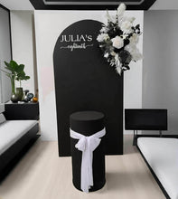 Load image into Gallery viewer, Black arch backdrop, Black &amp; white flowers and black plinth / cake stand - HIRE ONLY

