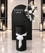 Load image into Gallery viewer, Black arch backdrop, Black &amp; white flowers and black plinth / cake stand - HIRE ONLY
