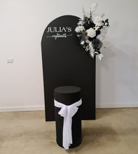Load image into Gallery viewer, Black arch backdrop, Black &amp; white flowers and black plinth / cake stand - HIRE ONLY
