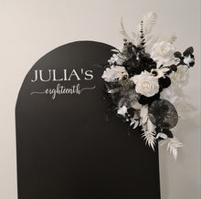 Load image into Gallery viewer, Black arch backdrop, Black &amp; white flowers and black plinth / cake stand - HIRE ONLY
