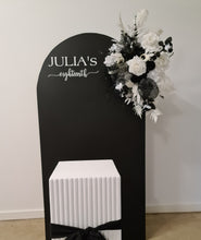 Load image into Gallery viewer, Black arch backdrop, Black &amp; white flowers and white square ripple plinth / cake stand - HIRE ONLY
