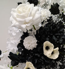 Load image into Gallery viewer, White arch backdrop, 2 x black &amp; white flowers, 2 x white square ripple plinths - HIRE ONLY
