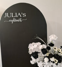 Load image into Gallery viewer, 2 x arch backdrop (black &amp; white), 2 x black &amp; white flowers, 2 x cylinder plinths - HIRE ONLY
