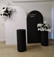 Load image into Gallery viewer, 2 x arch backdrop (black &amp; white), 2 x black &amp; white flowers, 2 x cylinder plinths - HIRE ONLY
