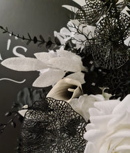 Load image into Gallery viewer, 2 x arch backdrop (black &amp; white), 3 x black &amp; white flowers, 2 x cylinder plinths - HIRE ONLY
