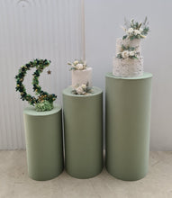 Load image into Gallery viewer, Sage green cylinder cake stand / plinth - 60cm - HIRE ONLY
