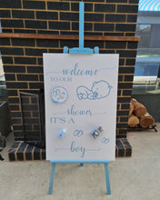 Load image into Gallery viewer, Baby shower – BABY BOY - blue welcome sign (easel &amp; board) - HIRE ONLY
