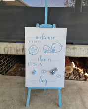 Load image into Gallery viewer, Baby shower – BABY BOY - blue welcome sign (easel &amp; board) - HIRE ONLY
