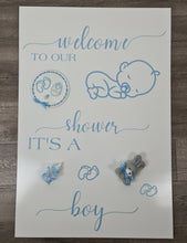 Load image into Gallery viewer, Baby shower – BABY BOY - blue welcome sign (easel &amp; board) - HIRE ONLY
