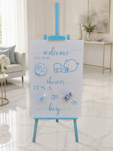 Load image into Gallery viewer, Baby shower – BABY BOY - blue welcome sign (easel &amp; board) - HIRE ONLY

