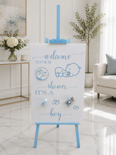 Load image into Gallery viewer, Baby shower – BABY BOY - blue welcome sign (easel &amp; board) - HIRE ONLY
