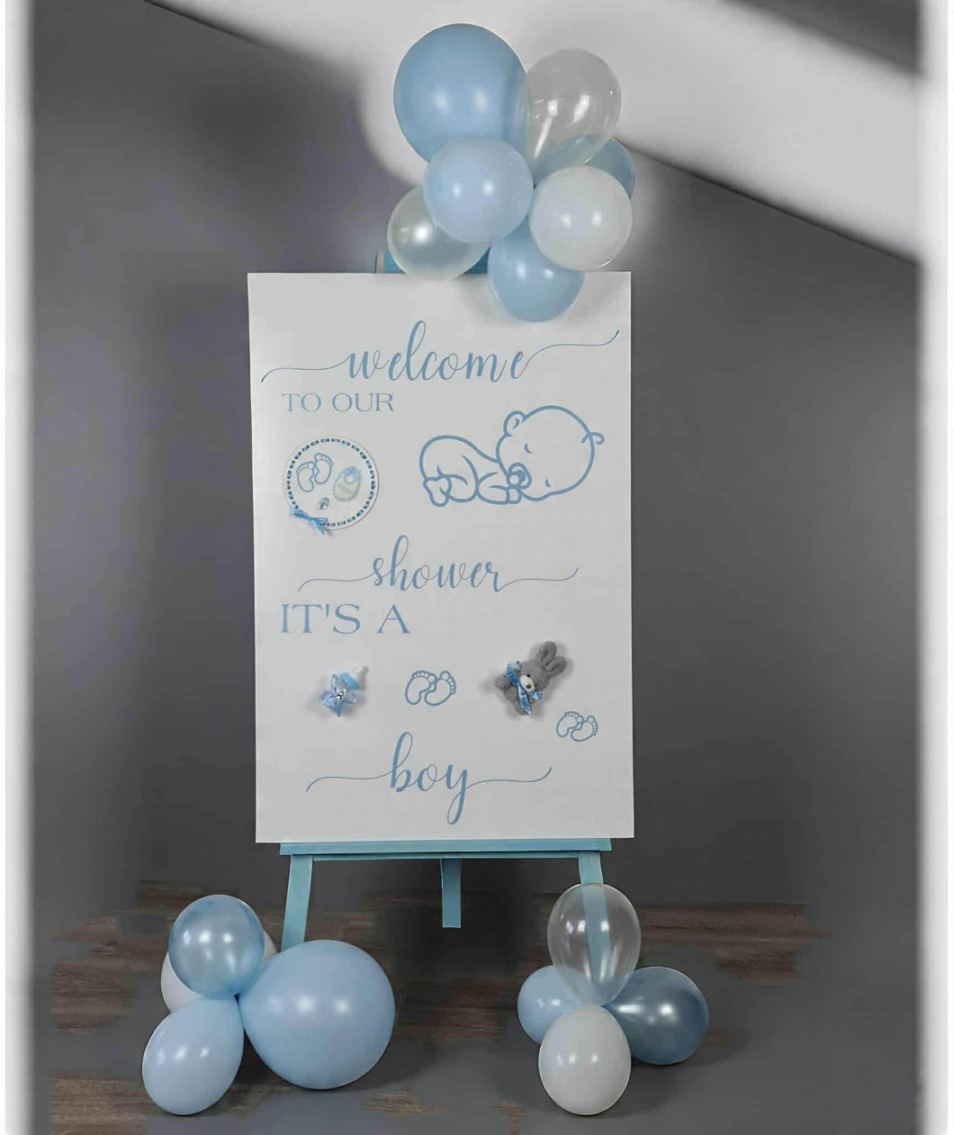 Baby shower – BABY BOY - blue welcome sign (easel, board & balloons) - HIRE ONLY