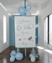 Load image into Gallery viewer, Baby shower – BABY BOY - blue welcome sign (easel, board &amp; balloons) - HIRE ONLY
