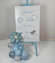 Load image into Gallery viewer, Baby shower – BABY BOY - blue welcome sign (easel, board &amp; balloons) - HIRE ONLY
