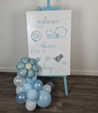 Load image into Gallery viewer, Baby shower – BABY BOY - blue welcome sign (easel, board &amp; balloons) - HIRE ONLY
