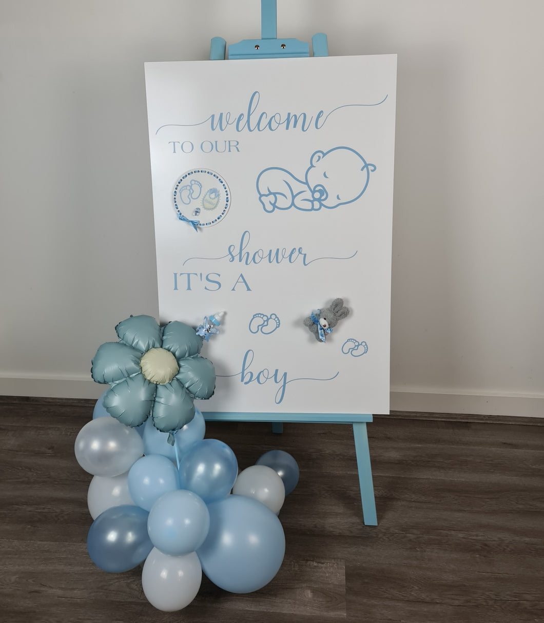 Baby shower – BABY BOY - blue welcome sign (easel, board & balloons) - HIRE ONLY