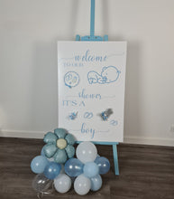 Load image into Gallery viewer, Baby shower – BABY BOY - blue welcome sign (easel, board &amp; balloons) - HIRE ONLY
