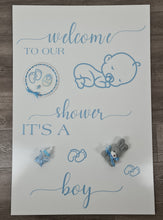 Load image into Gallery viewer, Baby shower – BABY BOY - blue welcome sign (easel, board &amp; balloons) - HIRE ONLY
