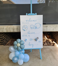 Load image into Gallery viewer, Baby shower – BABY BOY - blue welcome sign (easel, board &amp; balloons) - HIRE ONLY

