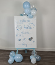 Load image into Gallery viewer, Baby shower – BABY BOY - blue welcome sign (easel, board &amp; balloons) - HIRE ONLY
