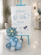 Load image into Gallery viewer, Baby shower – BABY BOY - blue welcome sign (easel, board &amp; balloons) - HIRE ONLY
